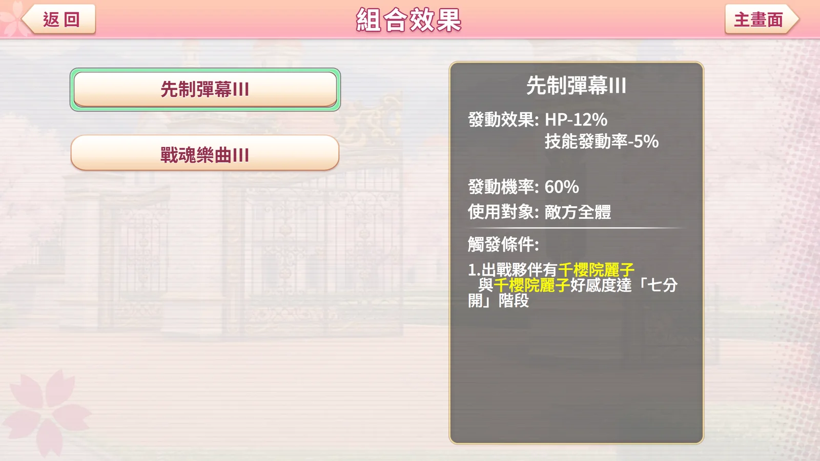組合效果一覽,列出發動效果與觸發條件